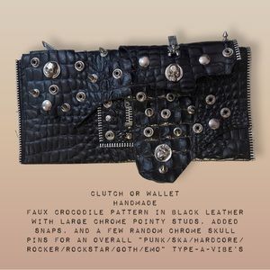 Faux crocodile black leather clutch